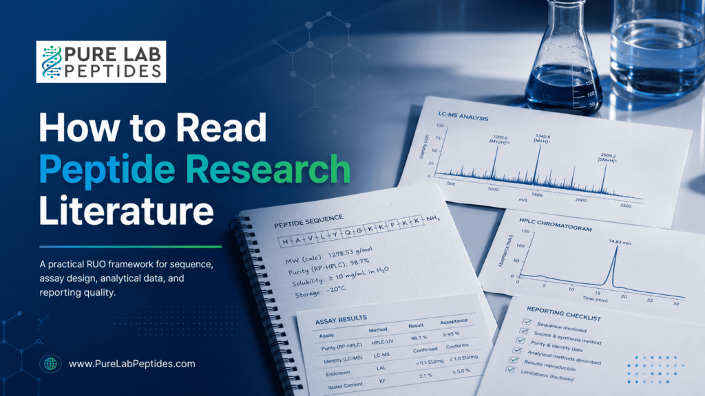 Pure Lab Peptides research article image showing peptide literature review and LC-MS charts